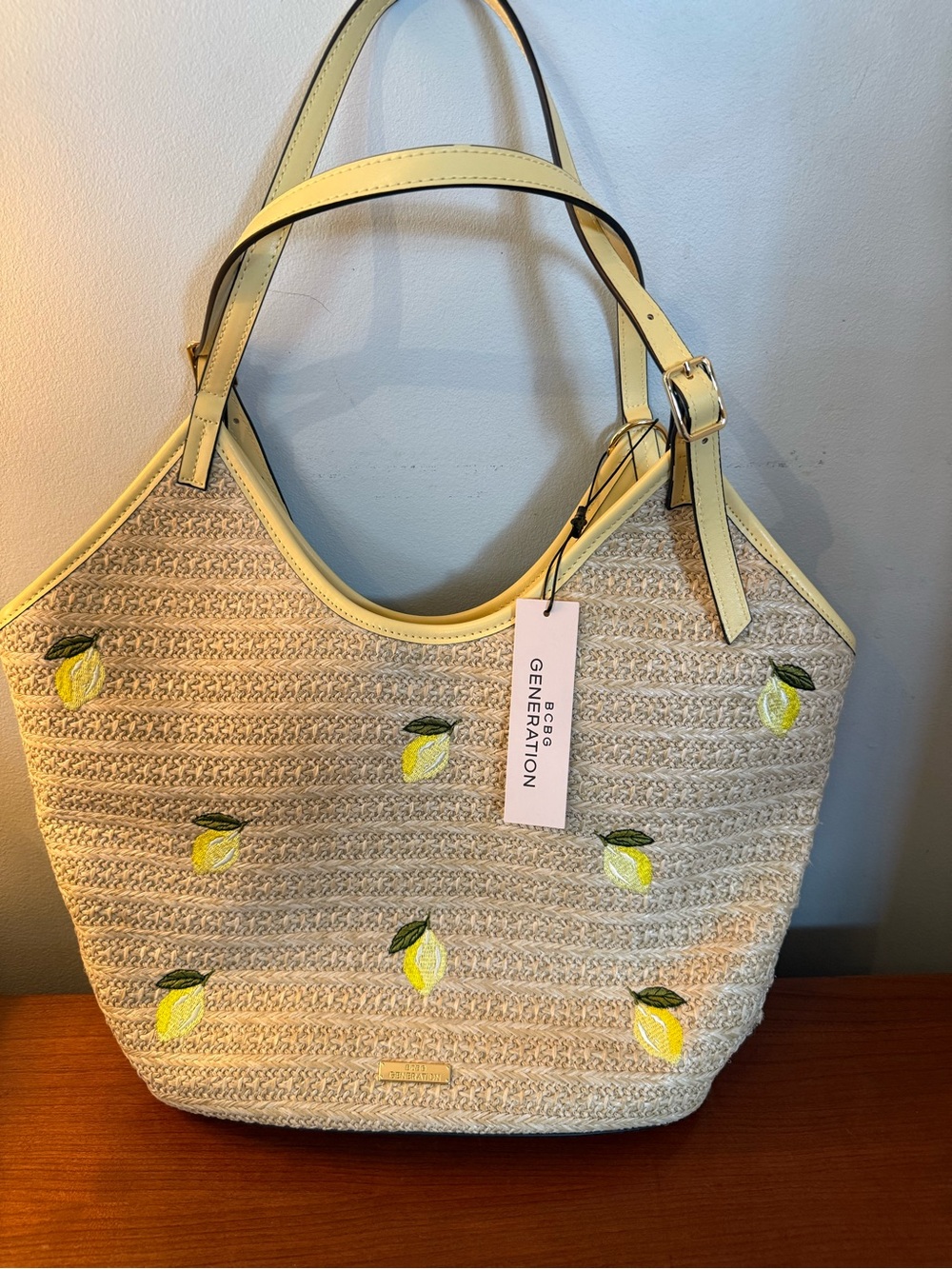 BCBG Generation Straw Lemon Embroidered Tote with Pale Yellow Trim. NWT
